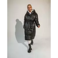 Довга жіноча зимова куртка - пуховик ZEFIR з екошкіри класу Lux на силіконі 200 з капюшоном чорного кольору